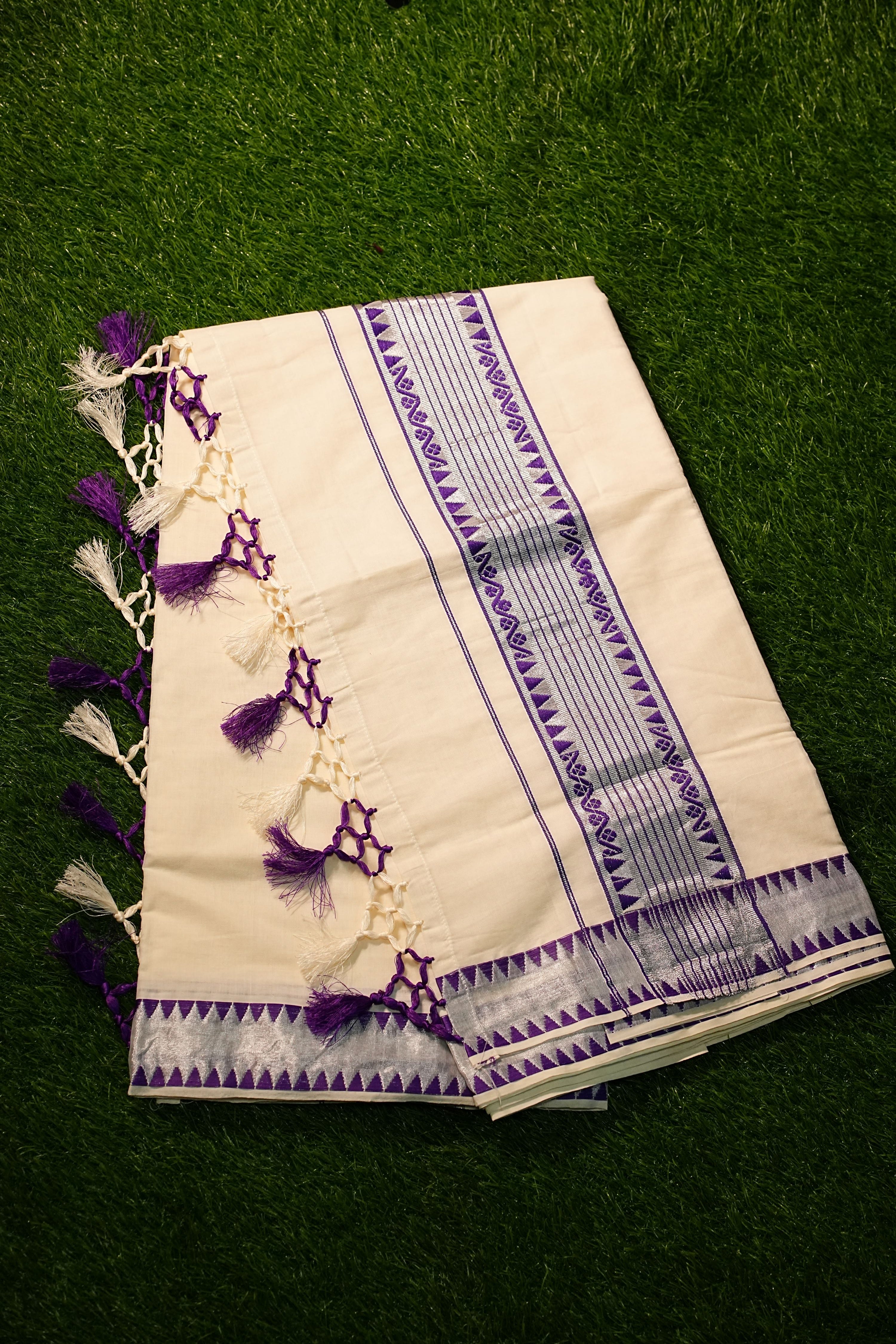 Cotton set saree with silver kara and Tussels- 2457