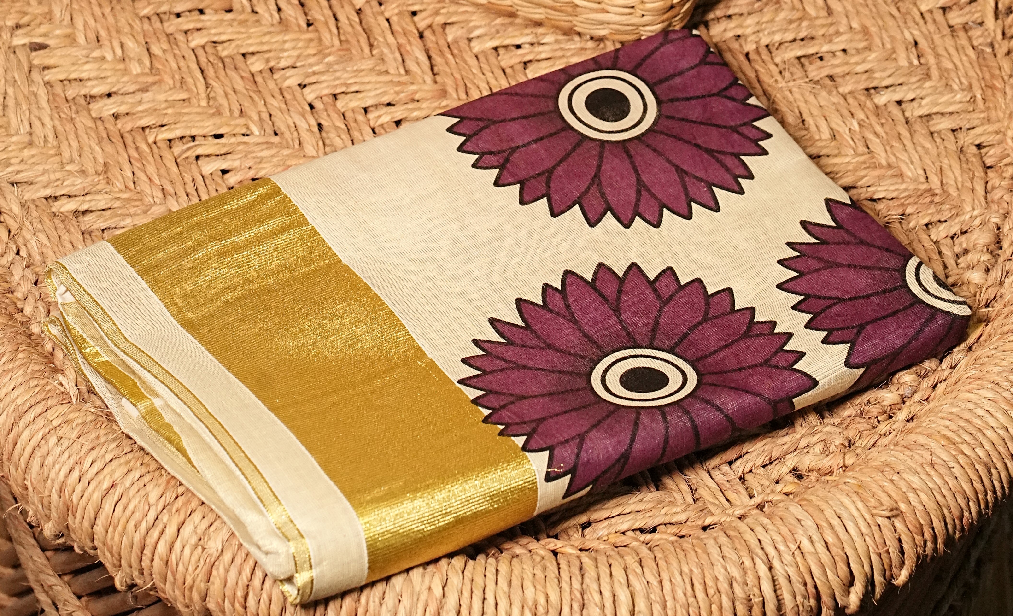 Tissue Kasavu Saree with Sunflower Art on Body and Pallu - 2421