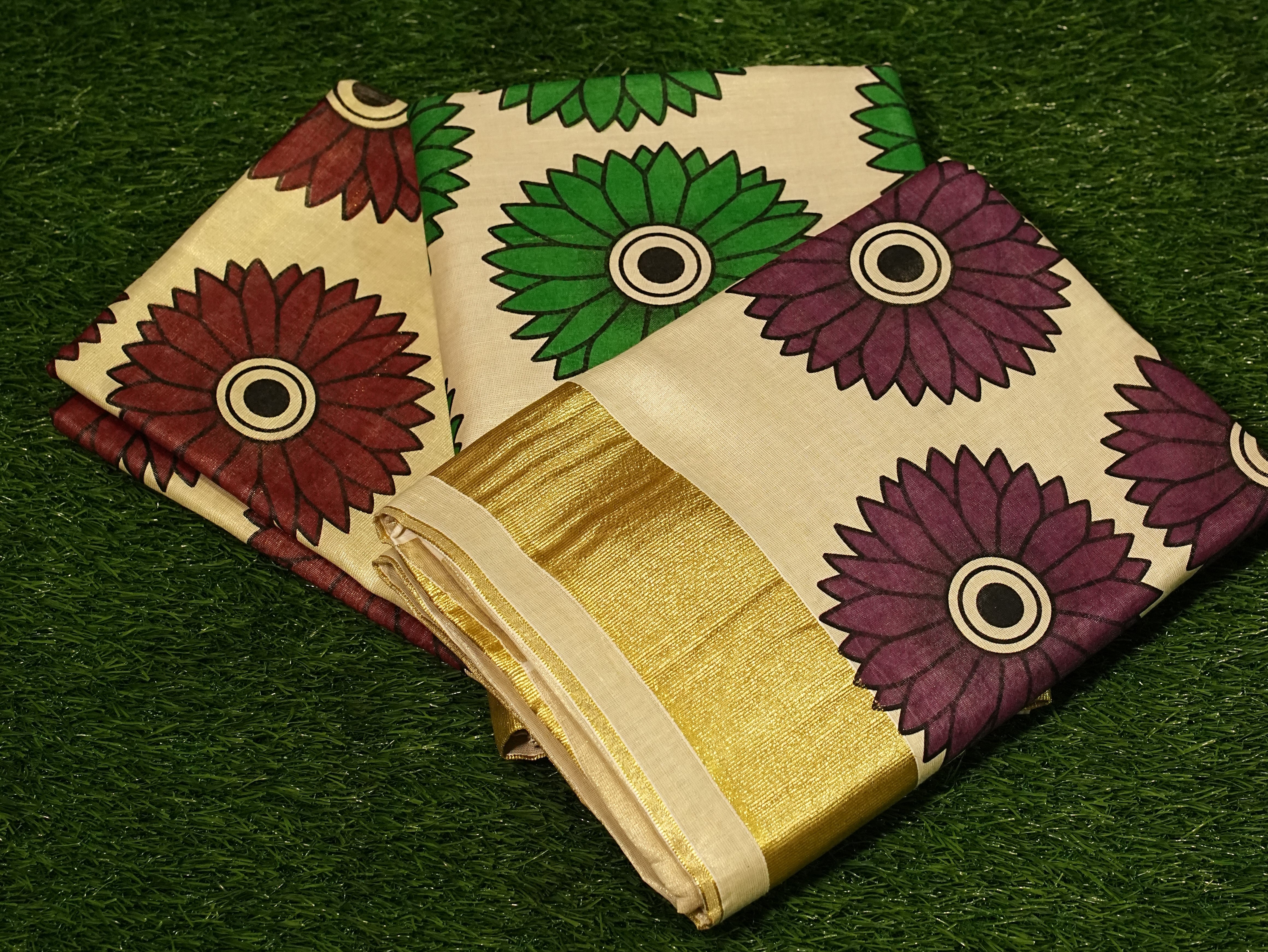 Tissue Kasavu Saree with Sunflower Art on Body and Pallu - 2421