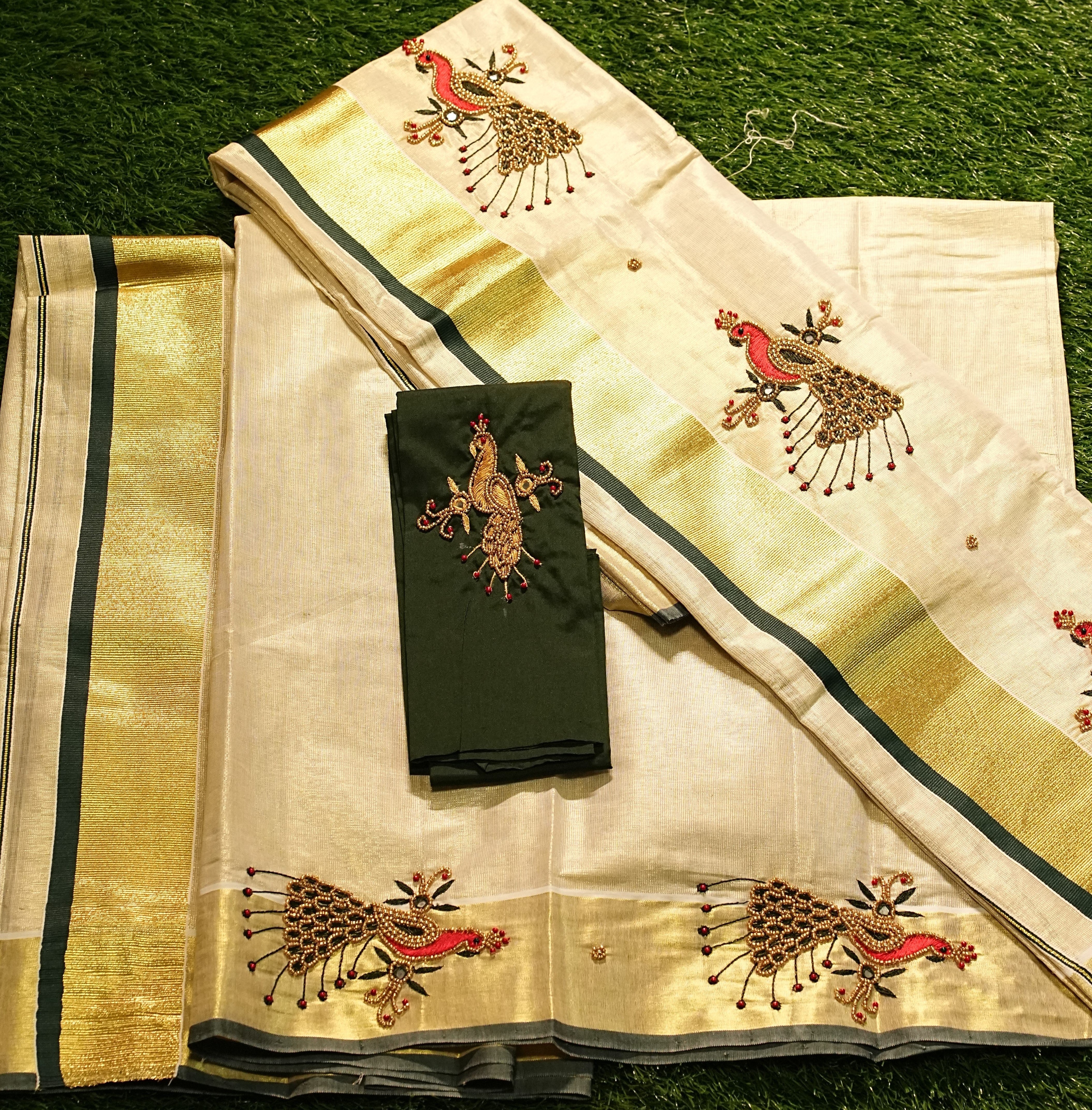 Kerala Tissue Kasavu Single Set Mundu with bead handwork design and dark green blouse piece - 2423
