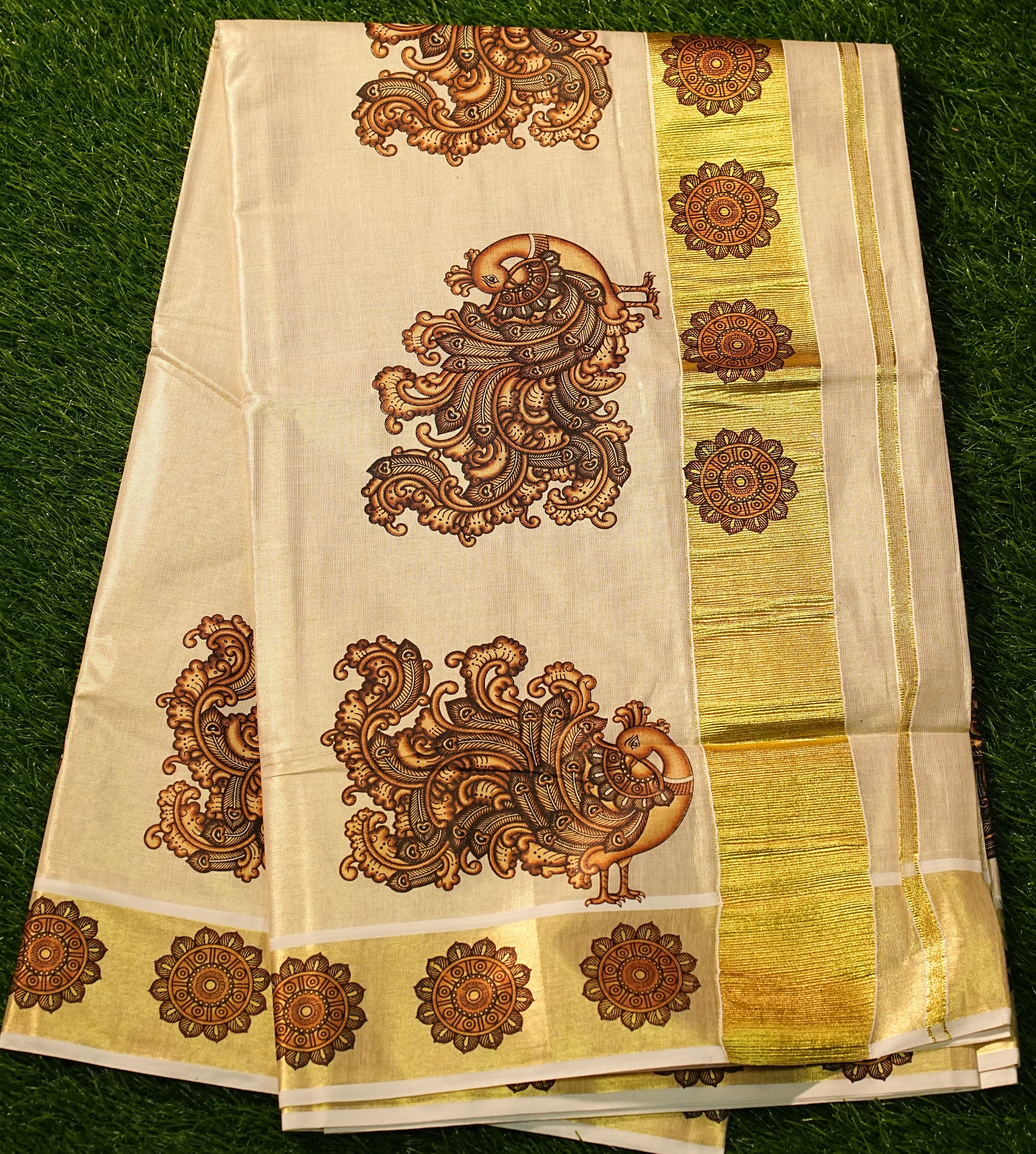 Kerala Tissue Saree with peacock mural print- 2424