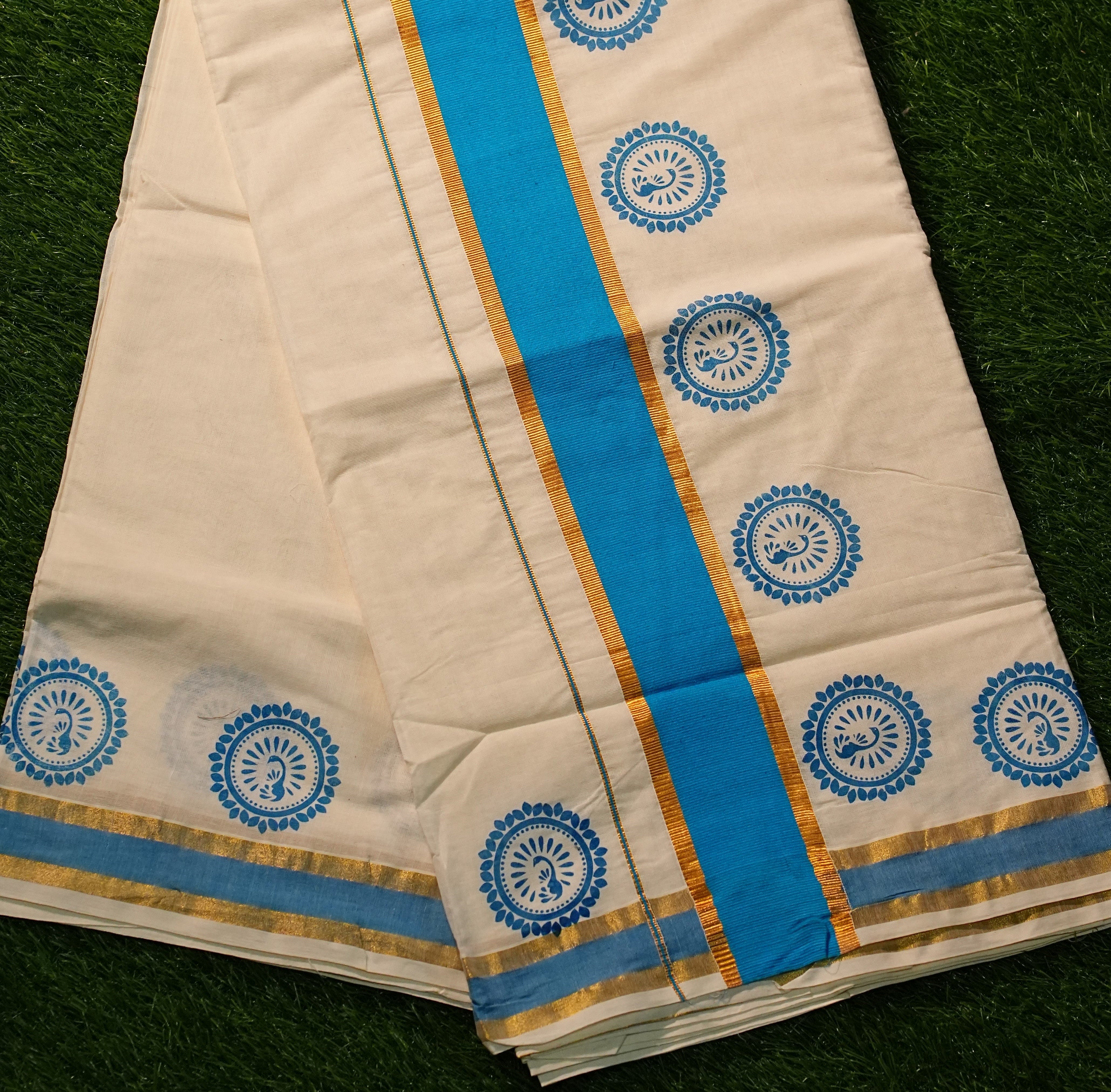 Pure Cotton Kerala Kasavu Saree with Block Prints and Solid Colour Border - 2425