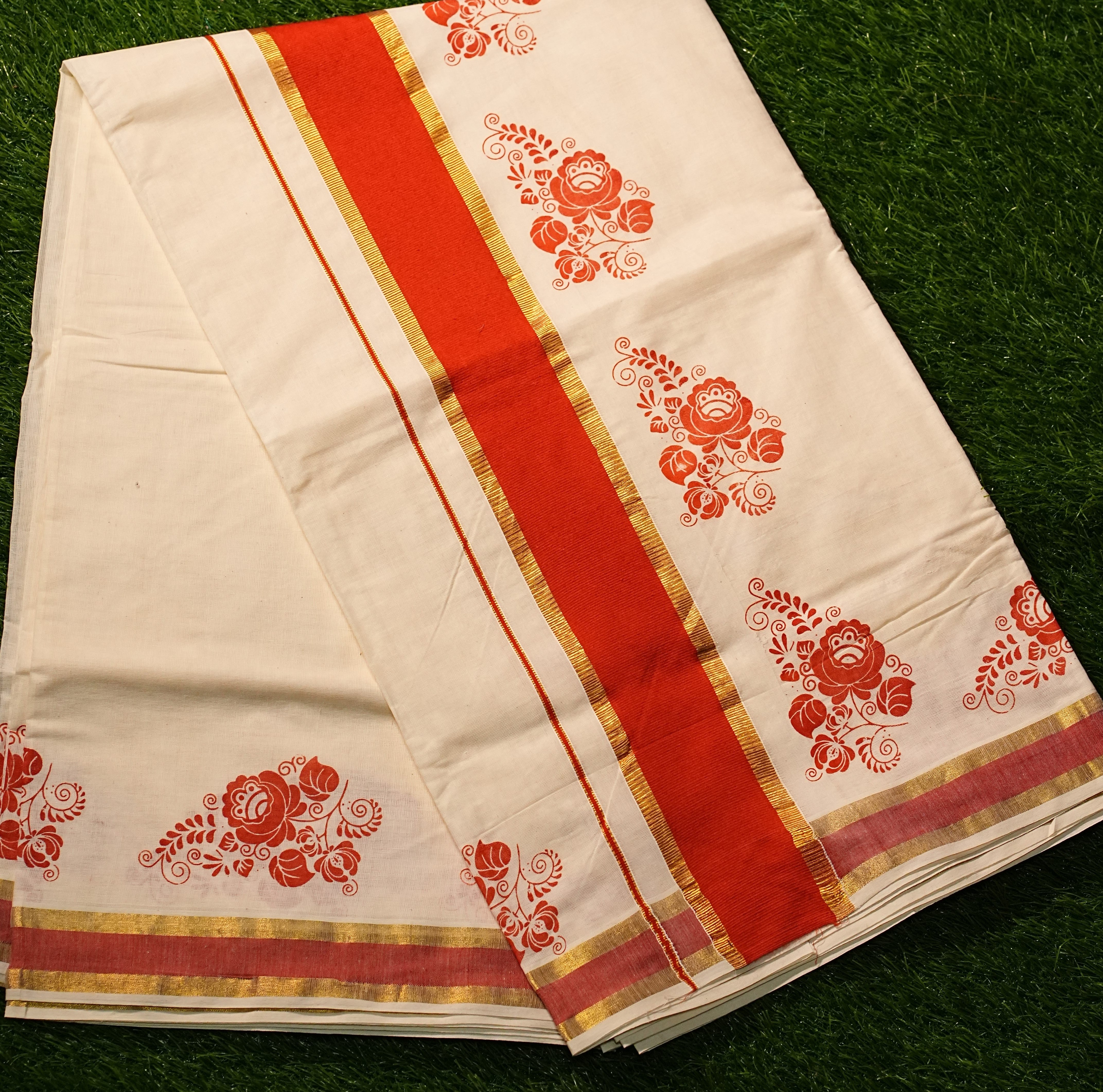 Pure Cotton Kerala Kasavu Saree with Block Prints and Solid Colour Border - 2425