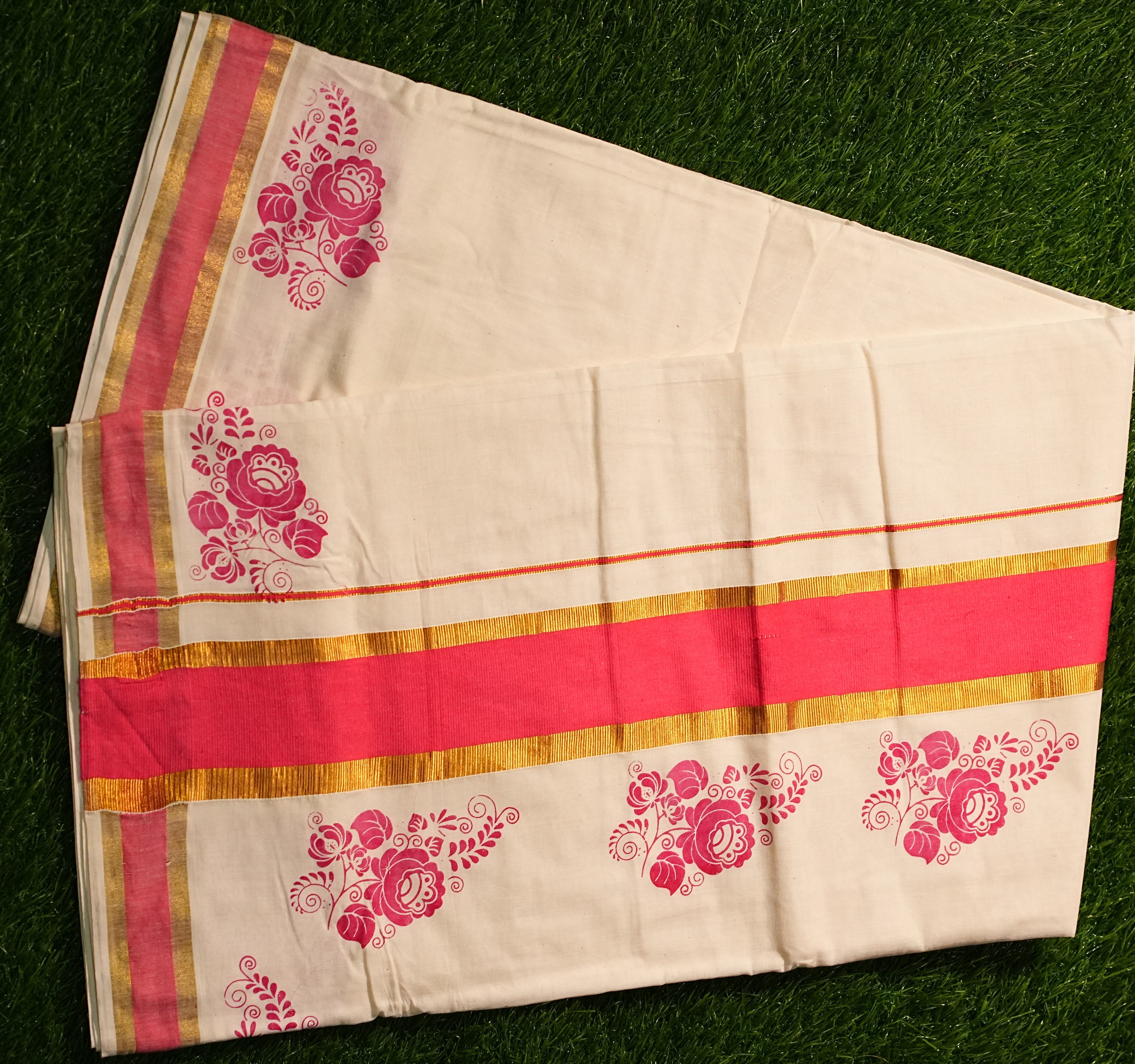 Pure Cotton Kerala Kasavu Saree with Block Prints and Solid Colour Border - 2425