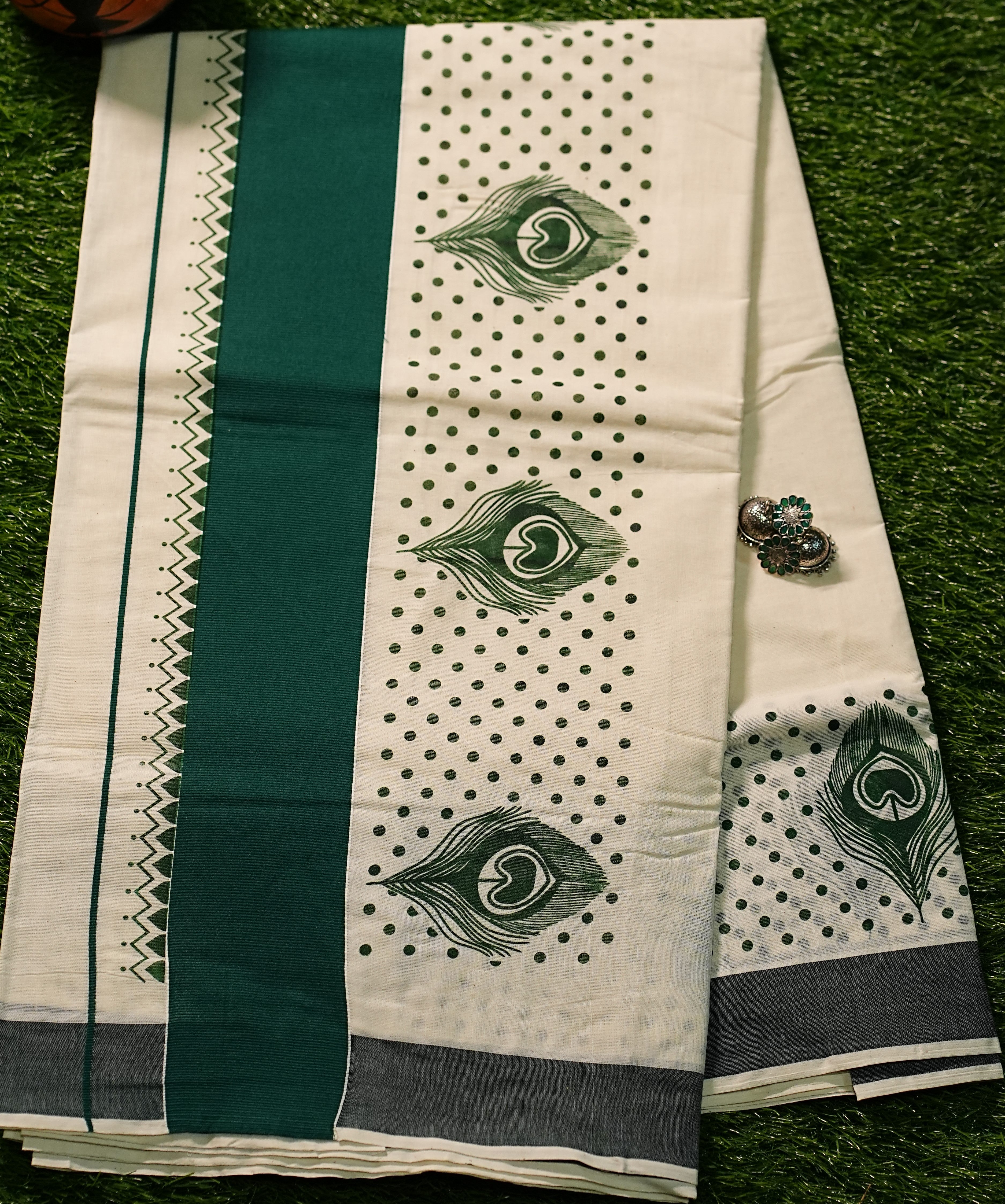 Pure Kerala Cotton Saree With Peacock Feather Block Prints and Solid Colour Borders- 2426