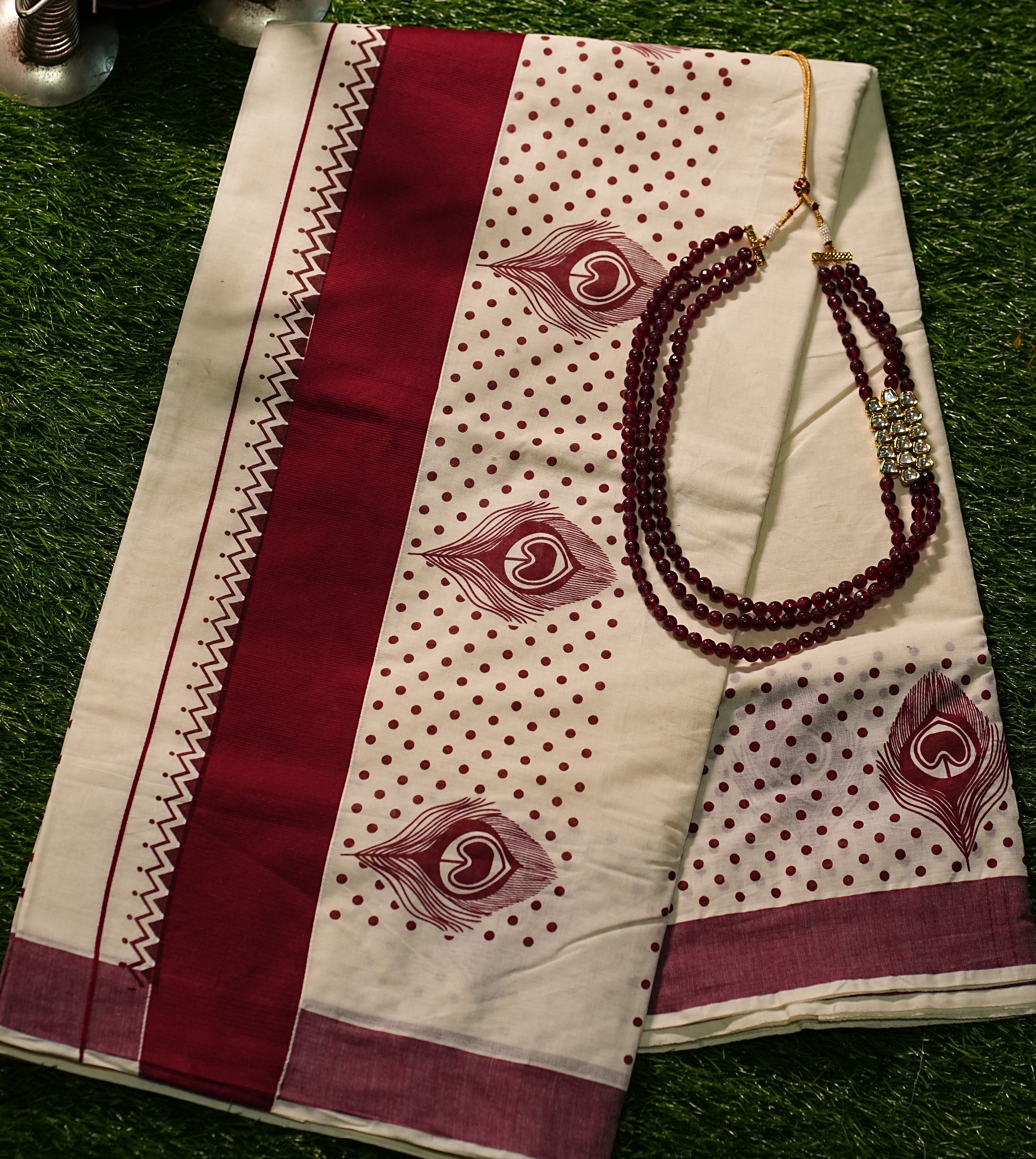 Pure Kerala Cotton Saree With Peacock Feather Block Prints and Solid Colour Borders- 2426