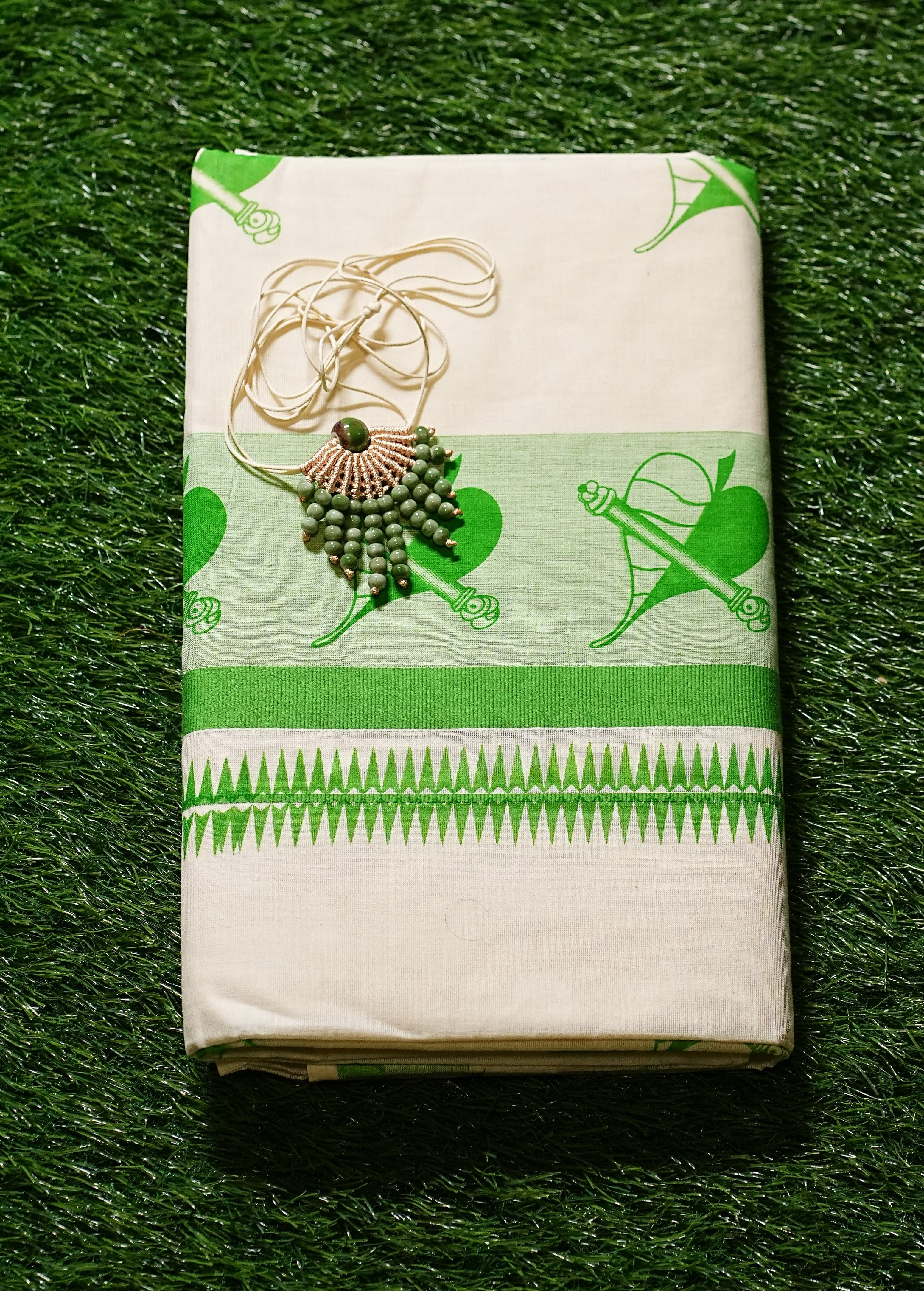 Kerala Cotton Saree with Aalila and Flute Block Prints and Solid Colour Border- 2427