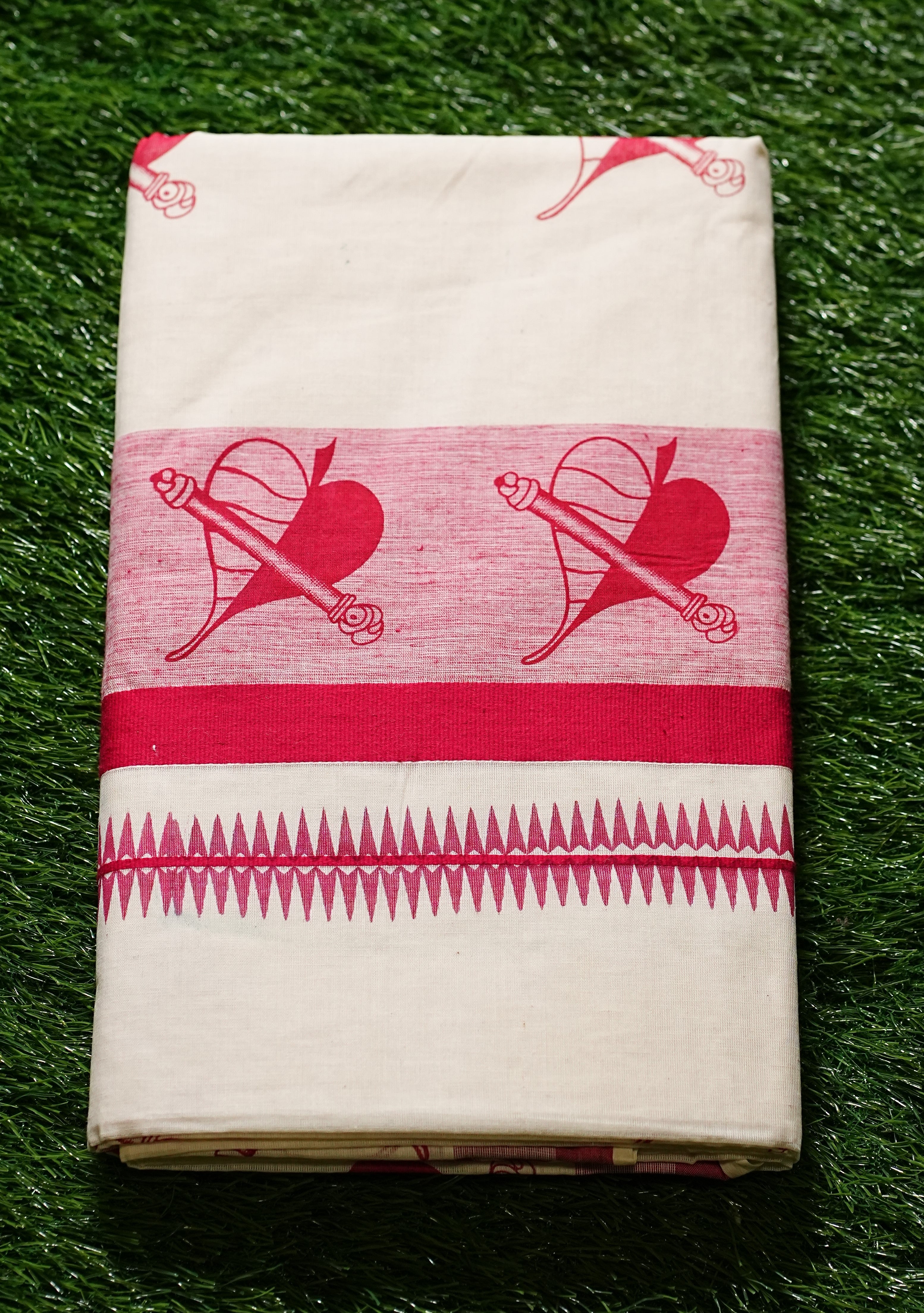 Kerala Cotton Saree with Aalila and Flute Block Prints and Solid Colour Border- 2427