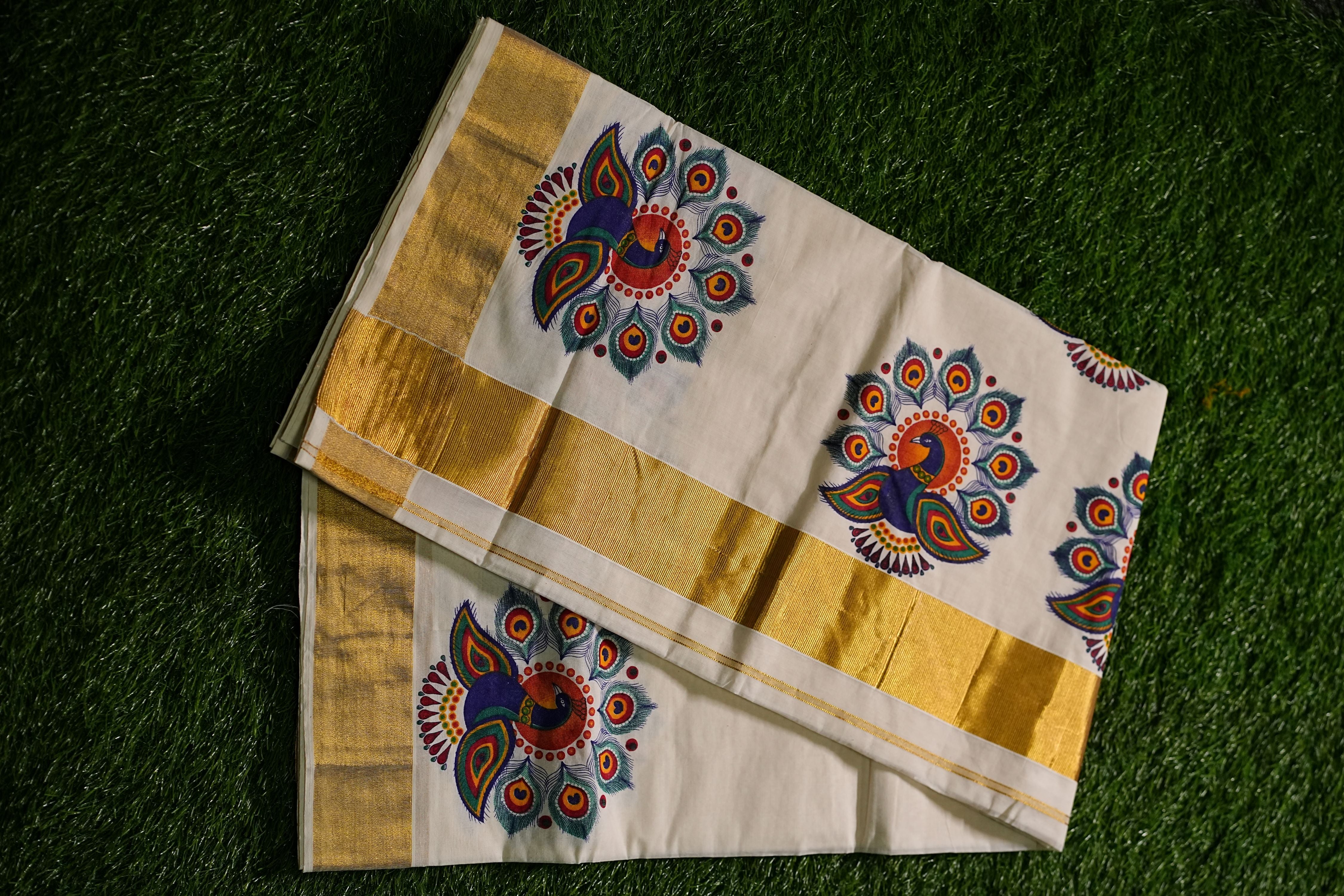 100% Pure Cotton Kerala Saree with Mural Prints and Kasavu Border-2433