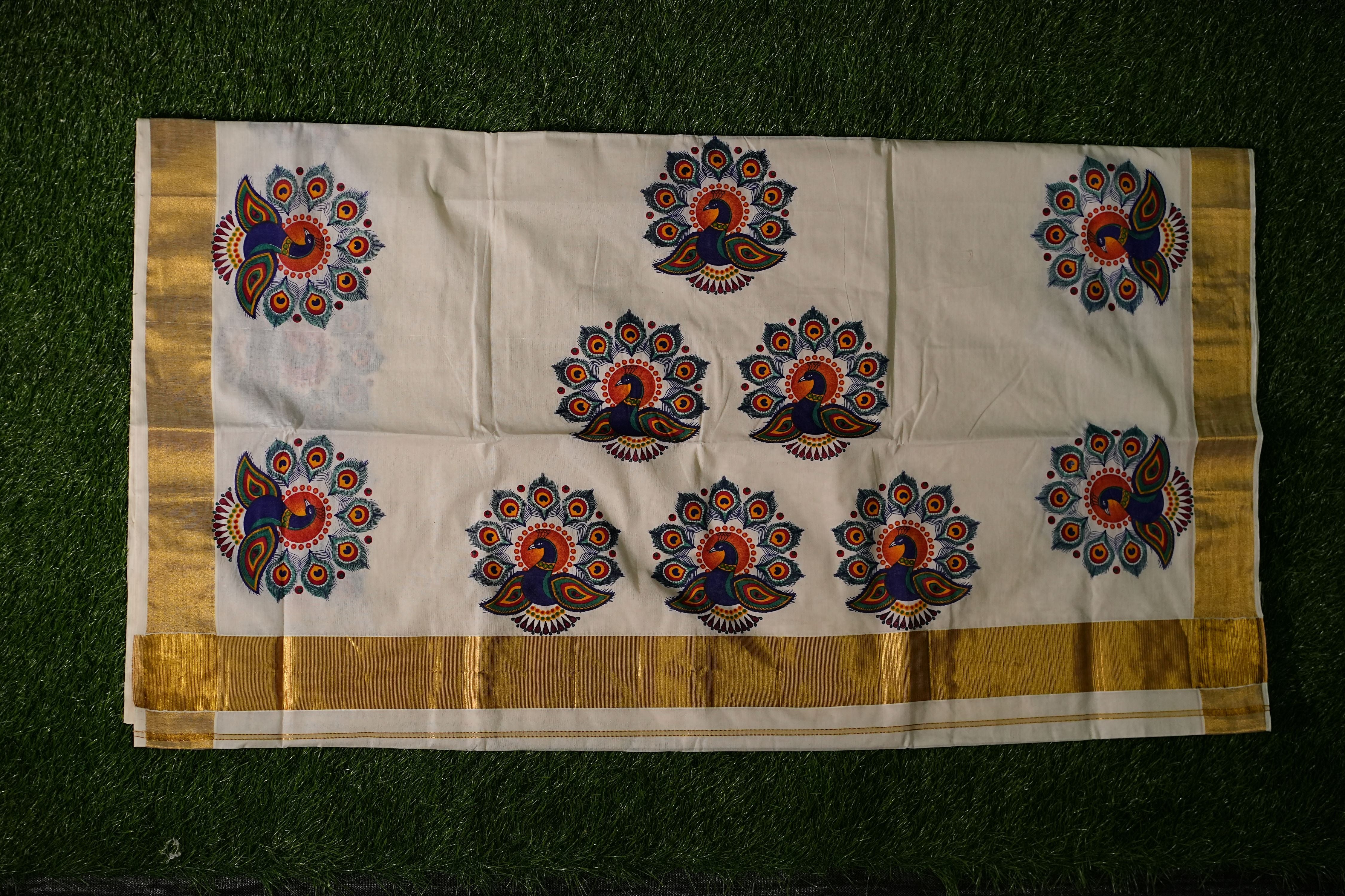 100% Pure Cotton Kerala Saree with Mural Prints and Kasavu Border-2433