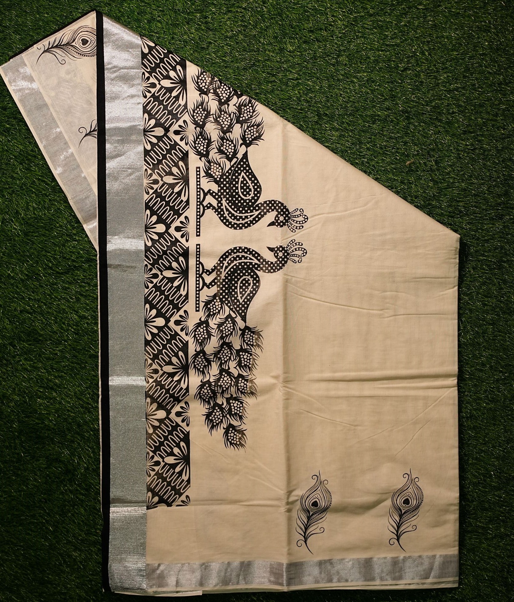 Traditional Kerala Cotton Saree with Silver Border and Peacock Print- 2449