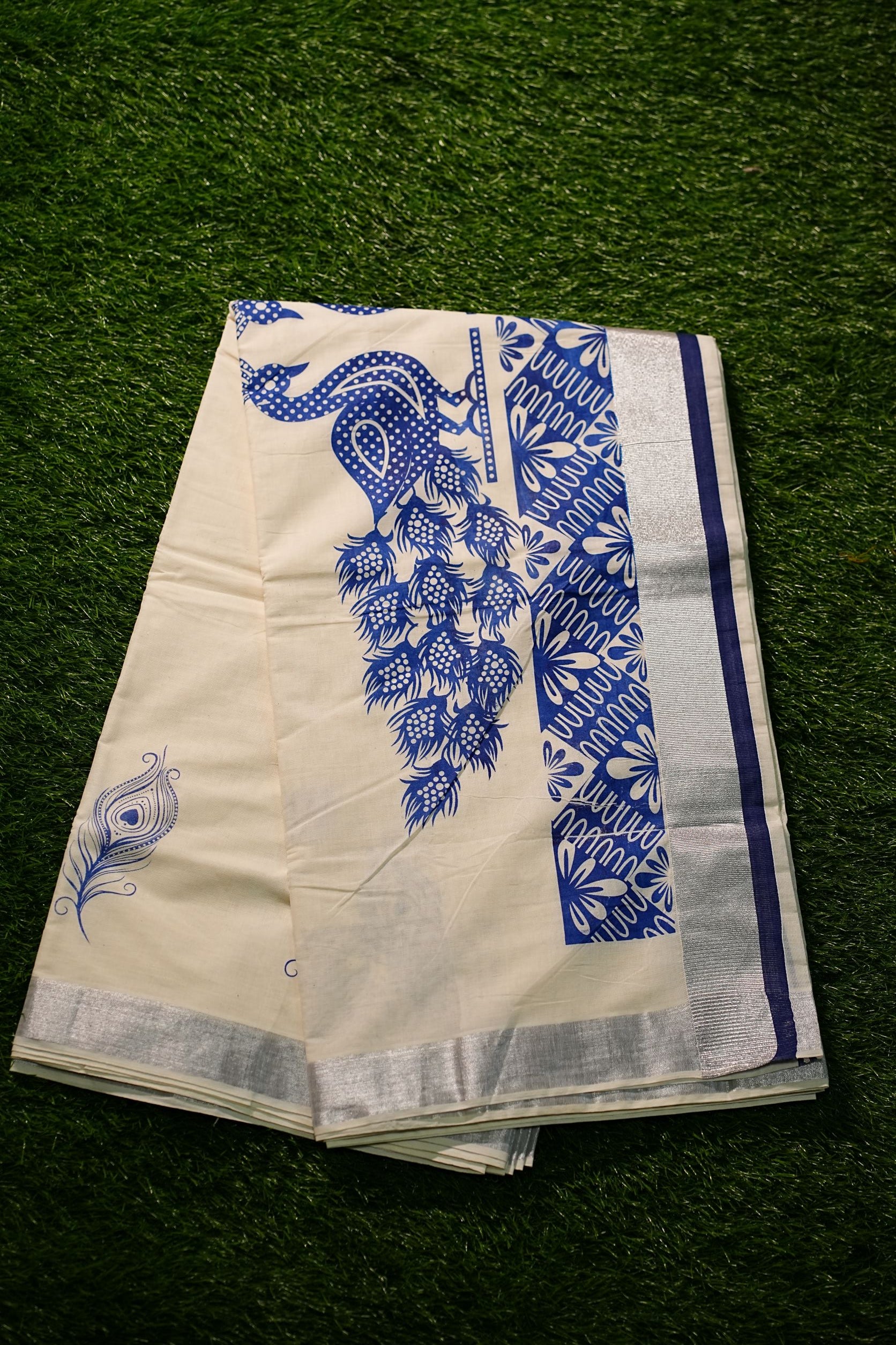 Traditional Kerala Cotton Saree with Silver Border and Peacock Print- 2449