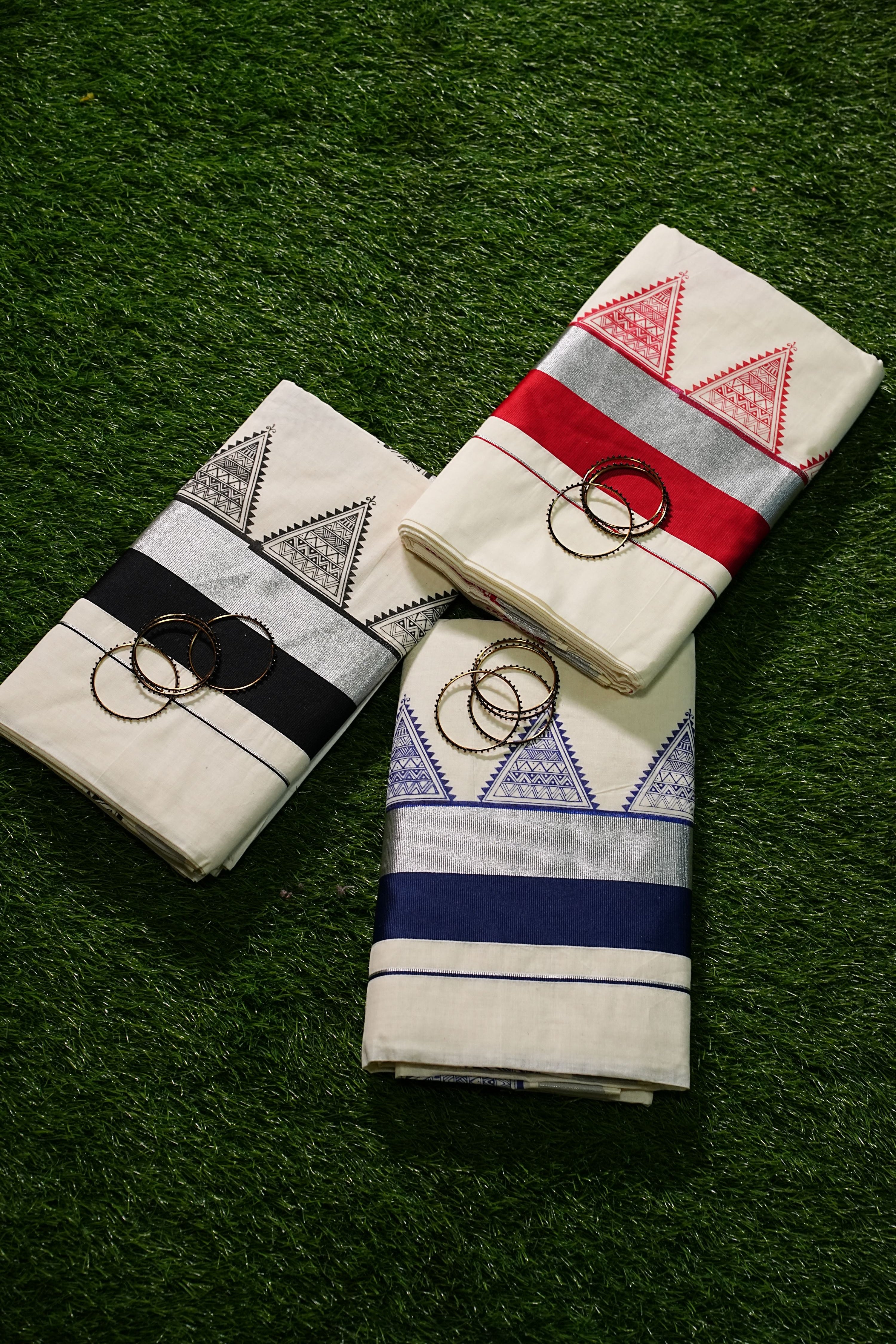 Cotton set saree with Silver kara and coloured triangular design-2454